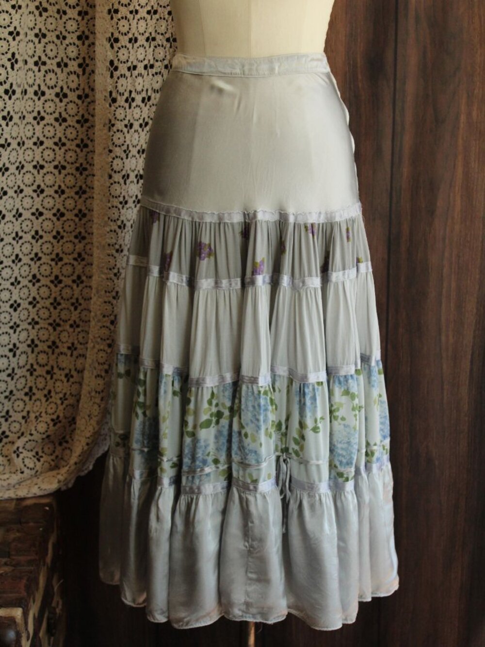 Vintage 1960s 1970s Skirt, Tea Length Silver Silk and Floral Print with Tiered R - Picture 3 of 10